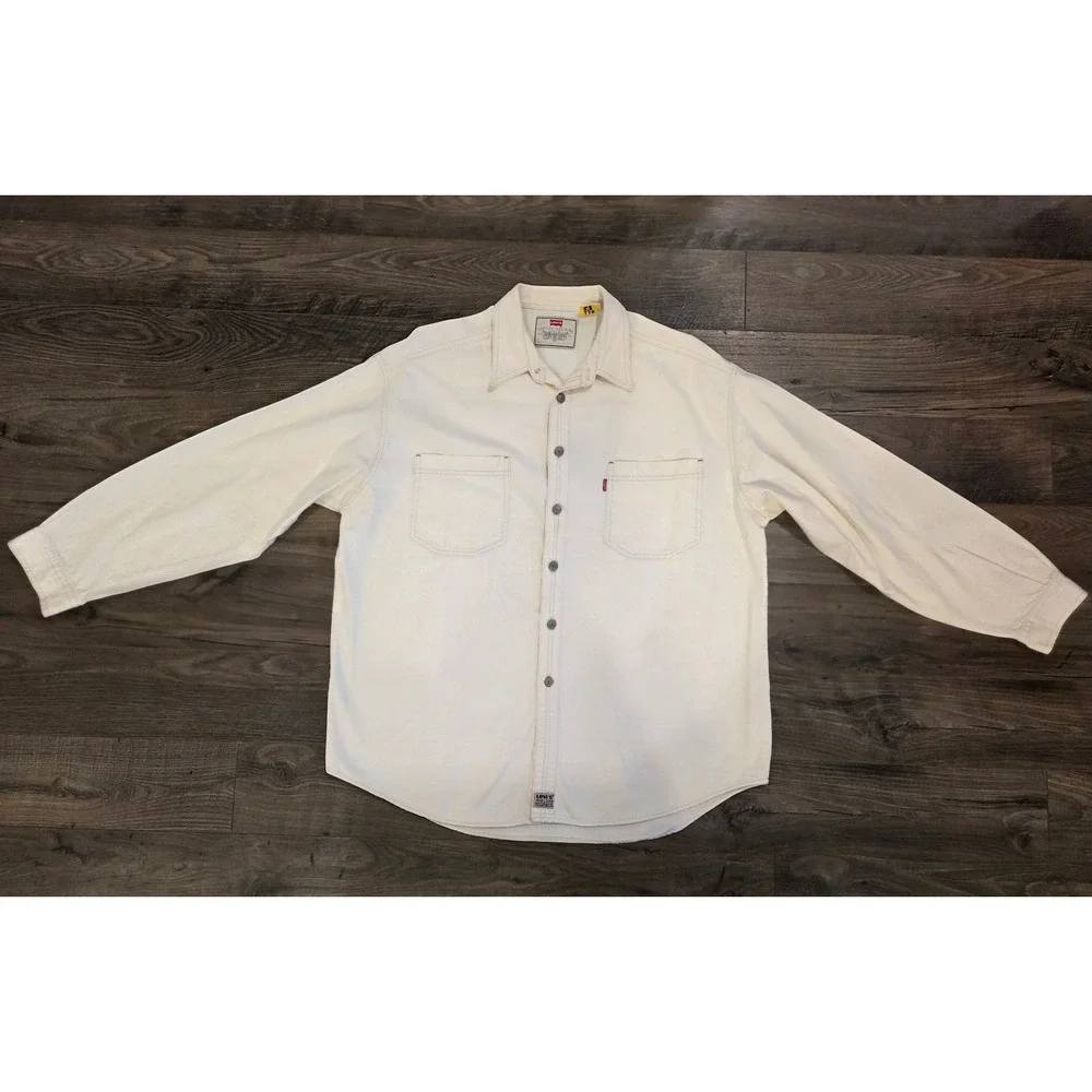 Men szXL Vintage 80s 90s Levis Red Tab Cream Denim Button Down Shirt 100% Cotton